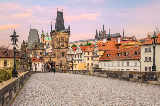 A beautiful morning at Charles Bridge across Vltava river in Prague, Czech Republic