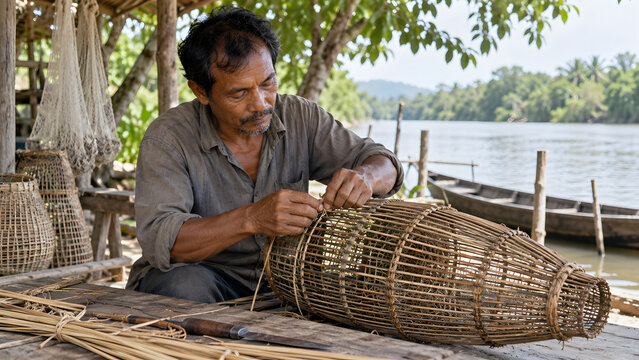 Artisanal Fisherman Weaves a Traditional Fish Trap