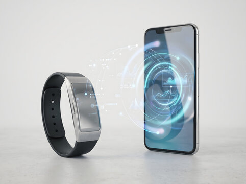 Futuristic smartwatch and smartphone with digital hologram interface, wireless data synchronization between wearable tech and mobile device