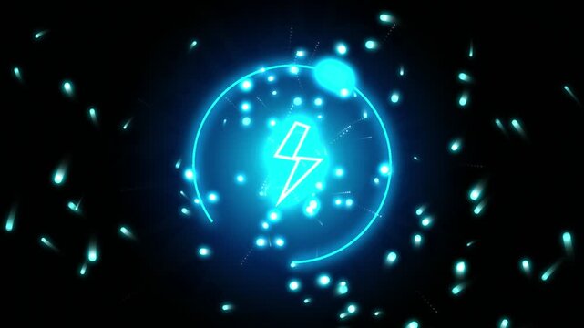 Neon electric lightning bolt energy vortex symbols glowing against dark background with rings surrounded swirling