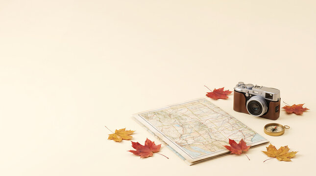 Autumn Travel Still Life with Vintage Camera, Road Map, and Compass. Minimalist Flat Lay Composition with Fall Leaves and Copy Space on Ivory Background.