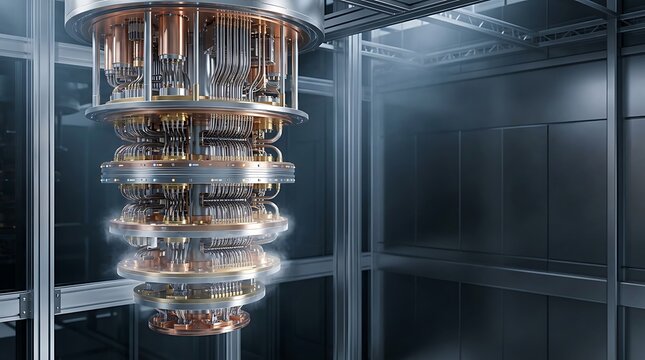 Advanced quantum computer processor cooling system in laboratory setting.