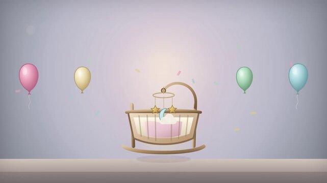 Pastel baby cradle surrounded by floating balloons