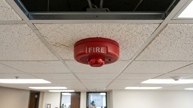 A close-up view of a red ceiling-mounted smoke detector with the word fire printed on it, positioned against white acoustic tiles in an office ceiling setting with bright lights