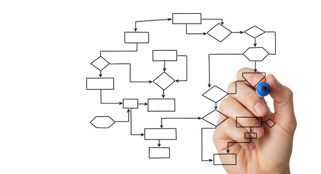 Business flowchart diagram hand drawn with blue marker, professional process mapping on white background, strategic workflow and logic chart