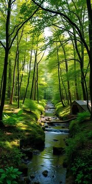 Serene forest encampment by a babbling brook under a canopy of green,  reset,  escape
