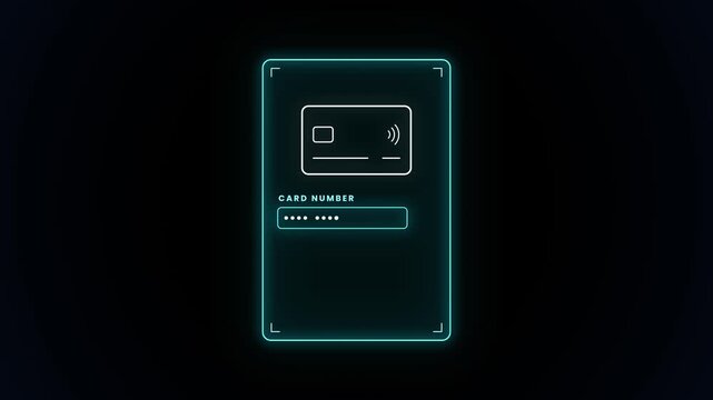 Card payment hologram interface with padlock and confirm button animation