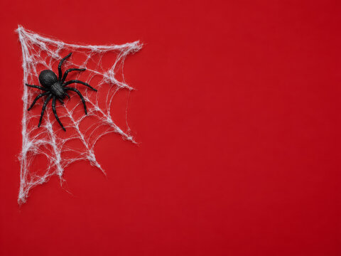 Decorative spider and artificial cobweb on deep red background with copy space, top view