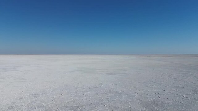 Camera panning right to left over the Makgadigadi Salt Pans. 4K Aerial Video.