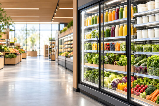 Grocery Store Interior: A well-stocked grocery store filled with fresh produce and colorful beverages displays a vibrant and inviting shopping experience.