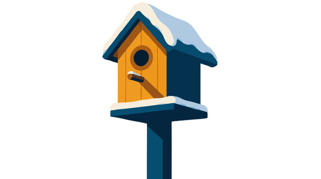 Charming wooden birdhouse on tall pole with snow-covered roof at dusk, cozy winter garden decor in deep teal and warm orange flat vector illustration style isolated on white for holiday season