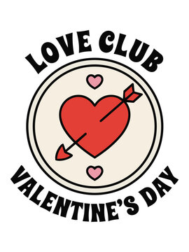 Love Club Valentine's Day vector illustration, retro romantic heart with cupid arrow, vintage aesthetic design for social media, greeting cards, and apparel.