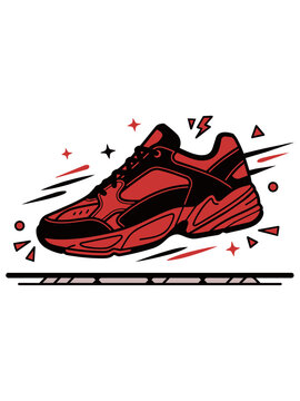 Athletic running sneaker illustration, red and black sport shoe vector graphic, active streetwear footwear clipart