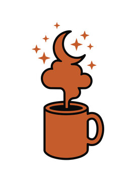 Warm brown coffee mug with steaming cloud, crescent moon, and sparkling stars. Cozy evening beverage illustration, a comforting night drink vector graphic. isolated PNG with Transparent