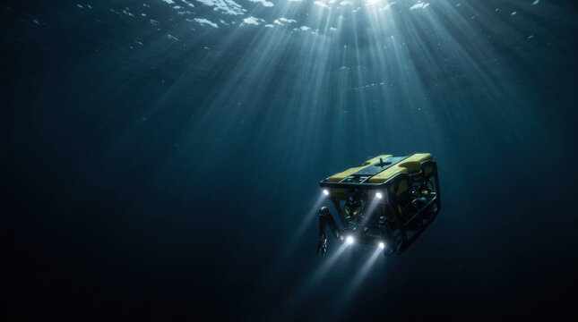 Underwater drone exploring deep ocean water beneath the sunlit surface. Remotely operated vehicle for marine research and subsea inspection. Ocean technology and exploration. Copy space