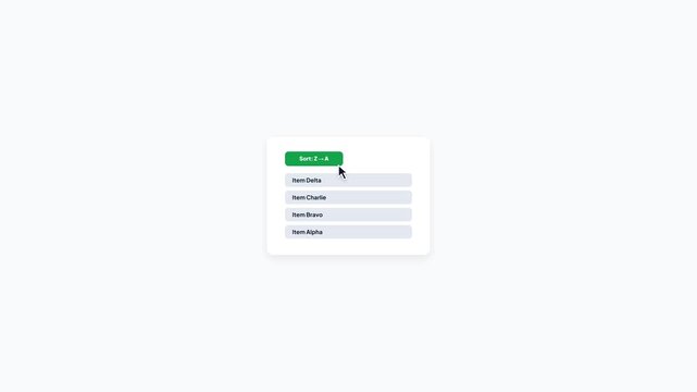 Animated list sorting dropdown menu. Alphabetical order sorting interface. Data filtering component mockup. User interface control element. Clean desktop app UI template. High quality