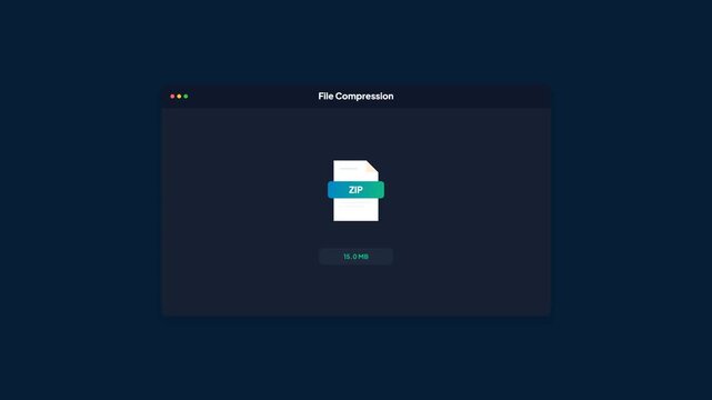 Animated file compression progress window. ZIP archive reduction software UI. Data archiving tool interface mockup. Storage optimization process template. Dark mode desktop app. High quality