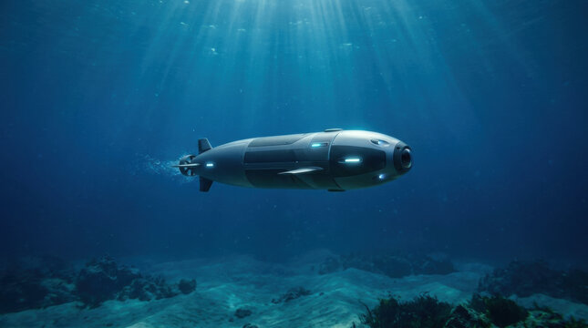 Underwater drone swimming above the ocean floor. Autonomous submersible exploring the deep sea. Marine robotics and ocean research. Underwater exploration technology.