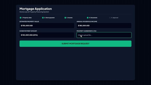 Mortgage application home loan form interface. Financial property financing approval screen. Real estate loan request dashboard. Banking digital application template. Dark mode web layout