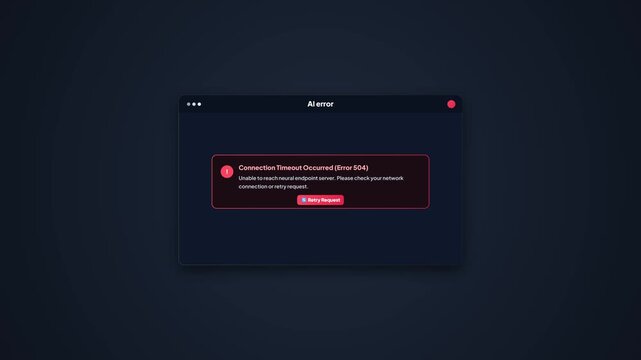 AI error connection timeout window popup. System failure network error notification. Artificial intelligence server crash alert. Critical error modal interface template. Dark mode overlay