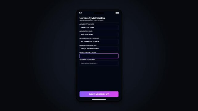 Mobile university admission application form. Student enrollment smartphone UI screen. Academic registration digital portal template. Higher education online submission form. Dark mode mobile layout