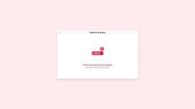 File access denied error popup window. Critical security failure notification UI. Restricted document corruption alert. System error code dialog box. Pink theme software UI. High quality