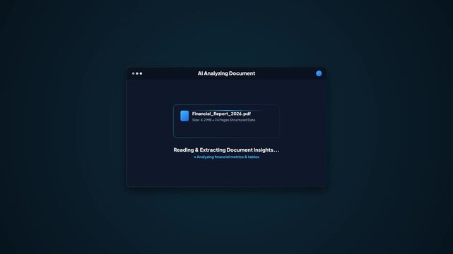 AI analyzing document interface. Smart digital file scanning UI. Automated financial report extraction tool. Artificial intelligence data processing. Dark mode software window. Tech template