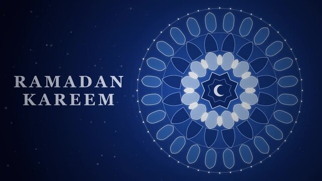 Ramadan Kareem greeting with intricate circular pattern and crescent moon on a dark blue background with starry sky.