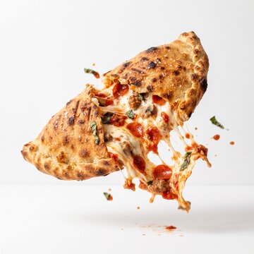 delicious calzone exploding with melted cheese and tomato sauce isolated on transparent background