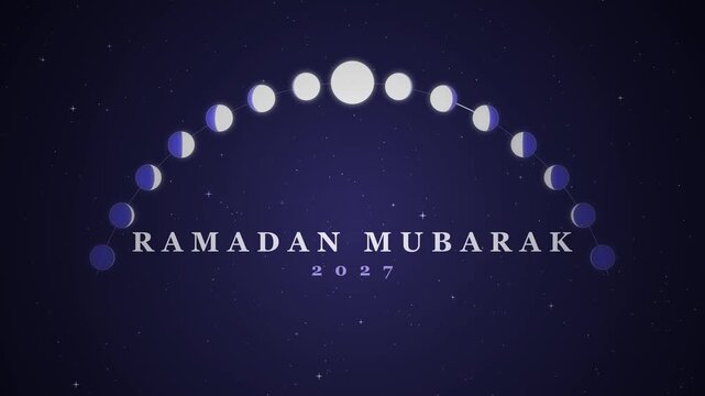 Ramadan Mubarak text with moon phase graphic and starry night background.