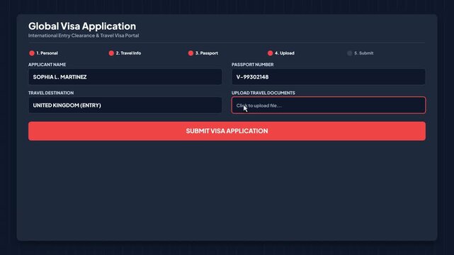 Global visa application form filling interface. International entry clearance digital portal. Passport details online submission UI. Travel document upload form. Web application window. Clean design