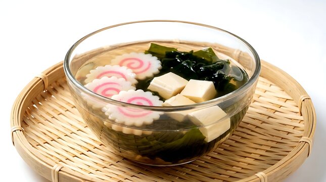 a clear dashi soup revealing narutomaki slices floating alongside soft silken tofu cubes and wakame seaweed, the spirals clearly visible through the transparent broth 