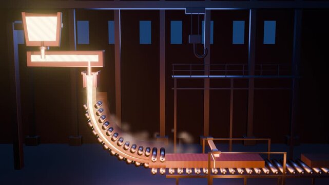 Continuous casting machine in section, liquid steel from ladle and tundish forming a glowing strand cut to slabs, loop