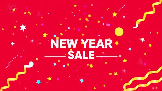 Animated New Year Sale banner with festive confetti, stars, and ribbons on a vibrant red background. Perfect for holiday marketing.