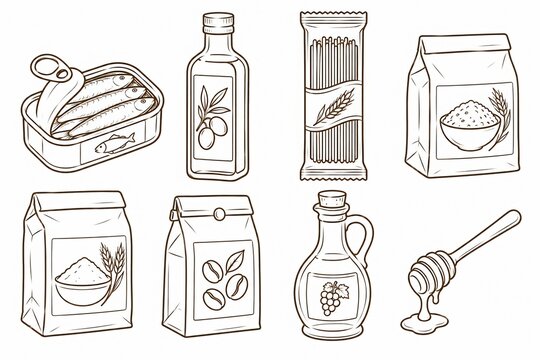 Pantry food packaging icons with sardines pasta oil and honey
