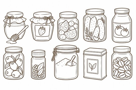 Collection of hand drawn jars with preserved foods and ingredients