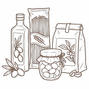 Pantry staples with olive oil pasta coffee and preserves illustration