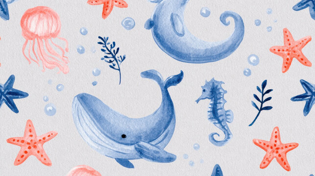 Watercolor ocean life seamless pattern featuring blue whale jellyfish seahorse starfish underwater animals marine sea creatures nursery children print repeat background graphic textile wallpaper art