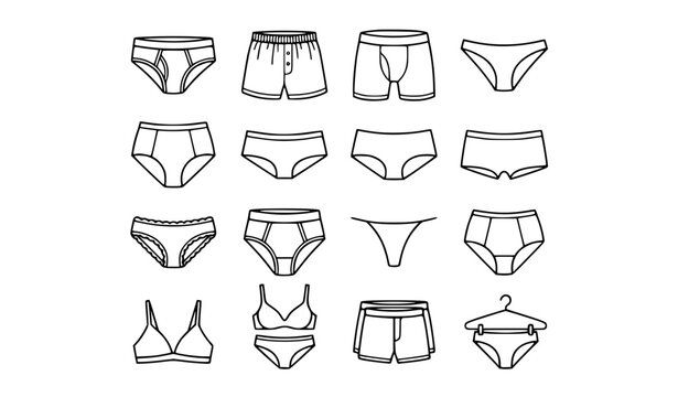 Underwear and Underpants Outline Vector Icon Set with Briefs, Boxer Shorts, Bikini Panties and Lingerie