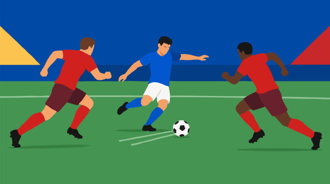 Midfielder in a royal blue kit threading a precise pass between two charging red-shirted defenders across a green pitch, dynamic flat vector about soccer passing skill