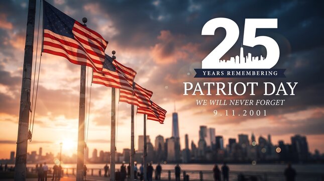 25th anniversary Patriot Day memorial featuring American flags, city skyline, and text we will never forget, 9.11.2001, celebrating resilience and remembrance of fallen ...