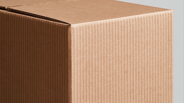 A close-up of a brown cardboard box edge demonstrates textures isolated on a light background. This shot serves as a perfect conceptual material for shipping ads.