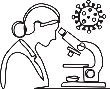 One continuous line drawing of female scientist researching antibiotic formula using microscope to find covid vaccine. Coronavirus medical research concept.one line vector icon