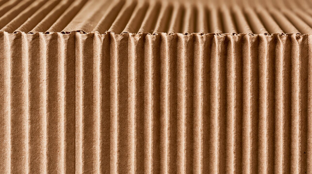 Macro view of brown corrugated cardboard texture showing parallel paper ridges. Ideal for packaging materials and industrial shipping background design.