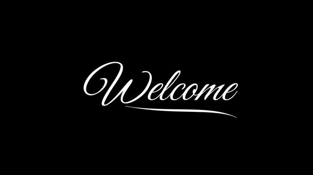 Welcome handwritten typography in white script font glowing against dark black background