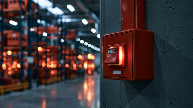 Red fire alarm activation button glowing in a modern warehouse. Essential safety equipment for industrial facility emergency preparedness and risk management concepts.