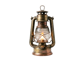 Vintage brass kerosene lantern with glowing flame, antique oil lamp object on isolated background © Vectrology