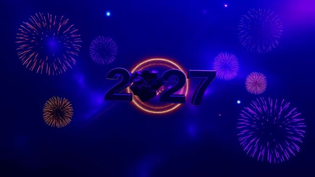 Celebrate the New Year 2027 with vibrant fireworks, a glowing star, and a festive blue cosmic background.
