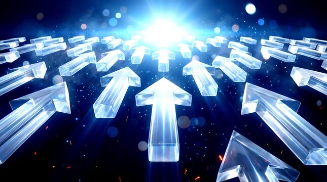 Multiple crystalline arrows pointing upward toward a bright light source representing collective success and direction
