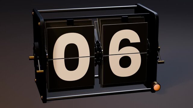Flip clock countdown from 10 to 0, split flap numbers falling on an open black and brass mechanism
